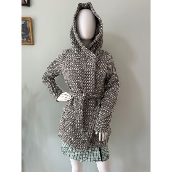 Mossimo Supply Co. Women Coat Tweed Hooded Front Tie Belt Pockets Lined Medium - Picture 2 of 11